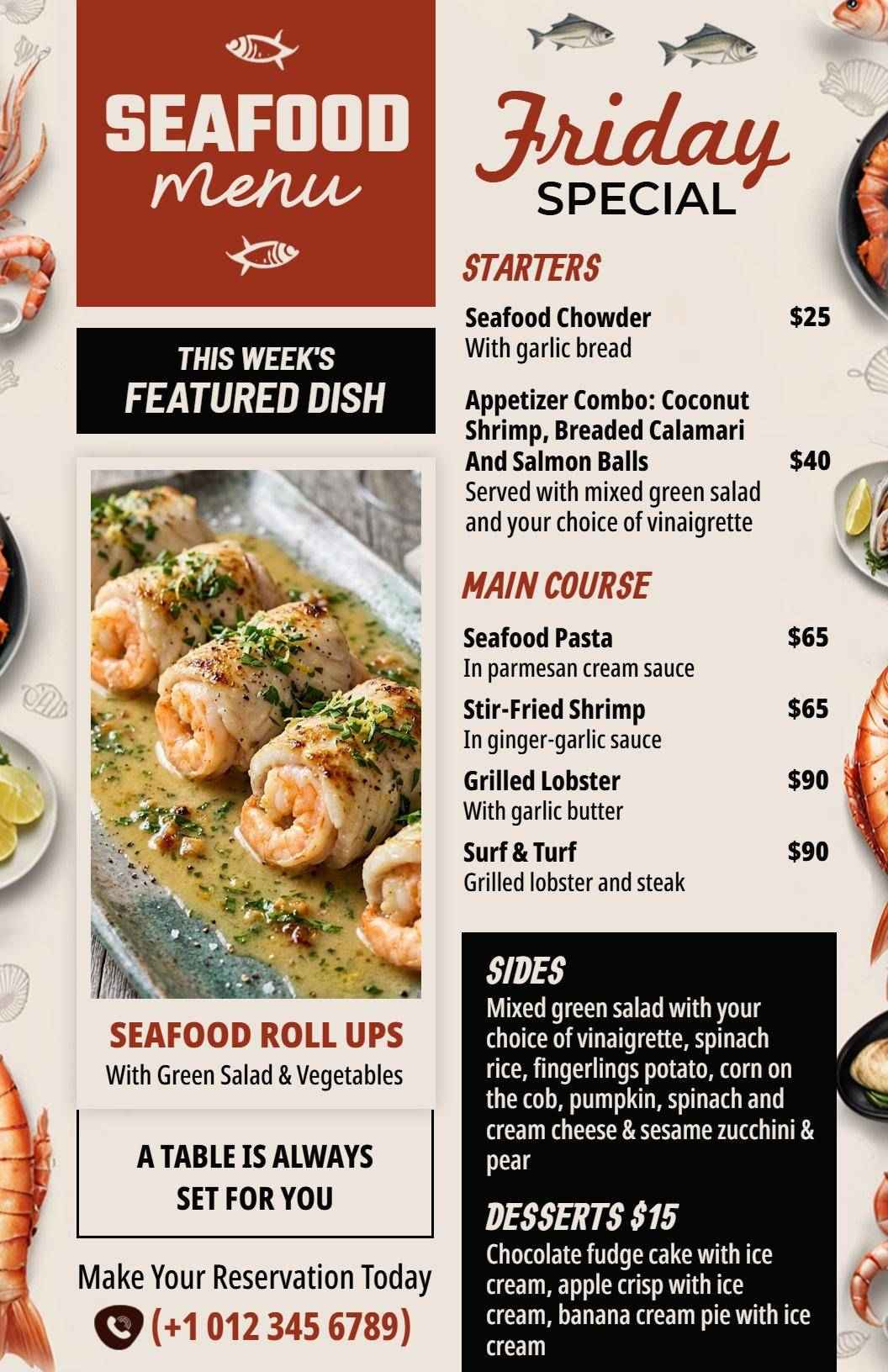 Savory Seafood Specialties and Fresh Dishes Delightful Seafood Menu Template