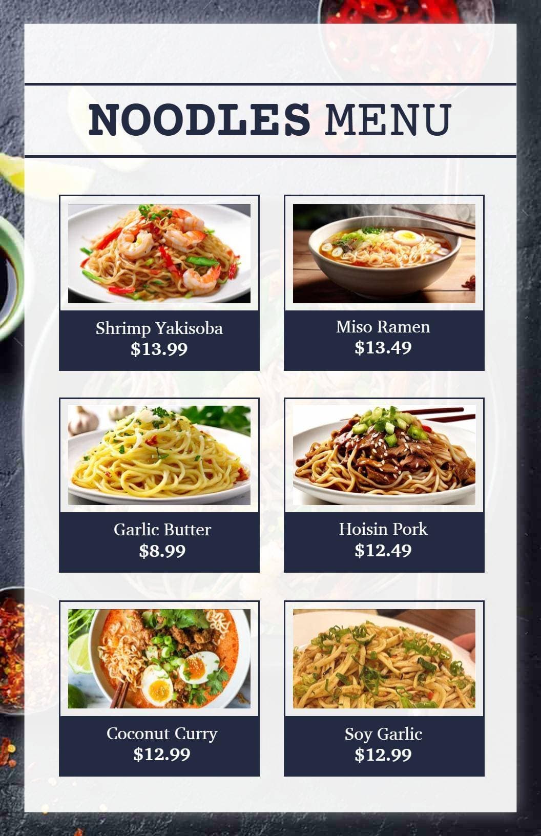 Savory Shrimp Yakisoba and Rich Ramen Varieties Noodles Menu Template