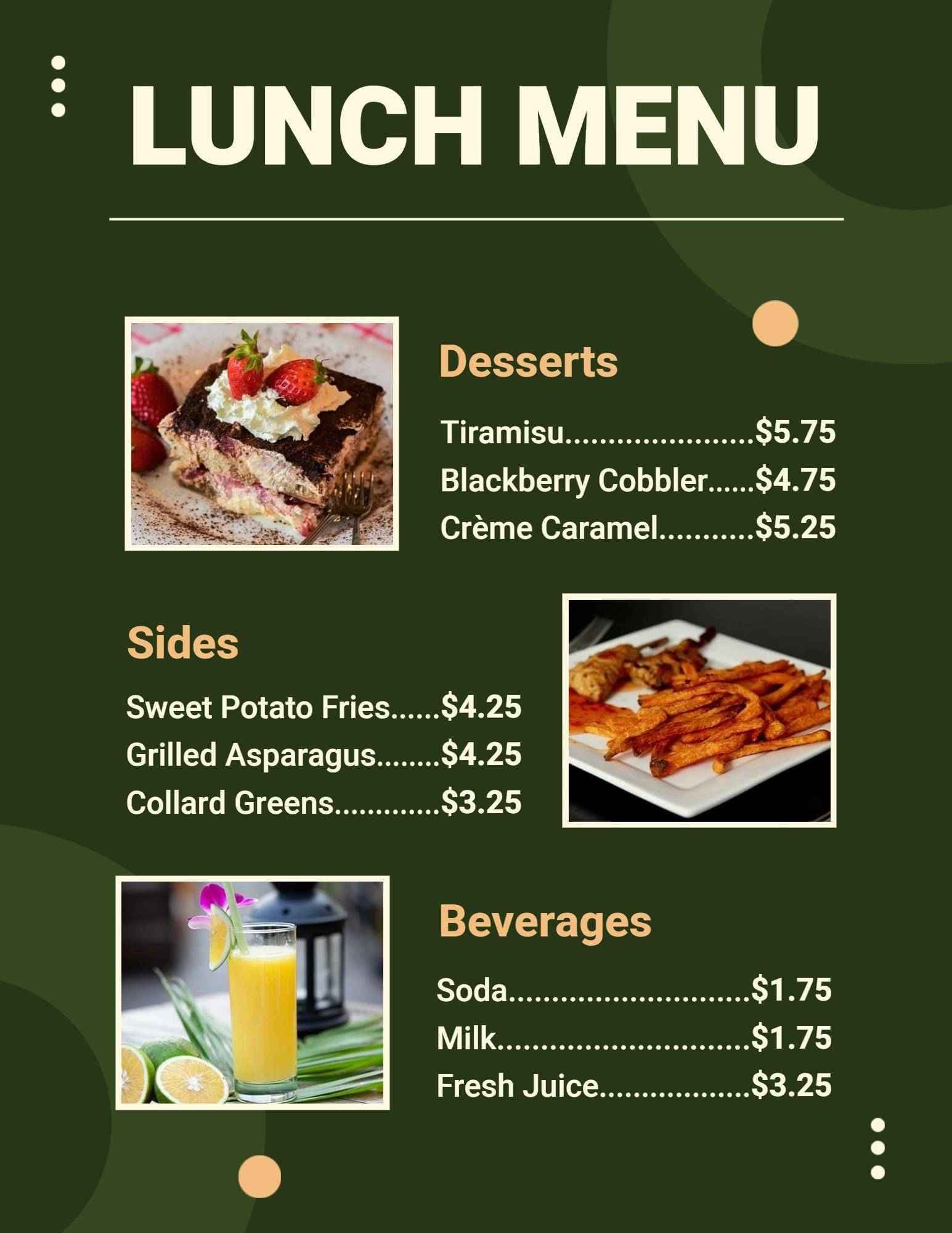 Savory Sides and Sweet Desserts for Your Enjoyment Lunch Menu Template