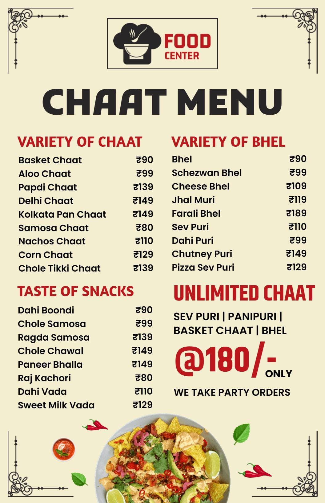 Savory Snack Selections with Delicious Chaat Options Indian Cuisine Menu Template
