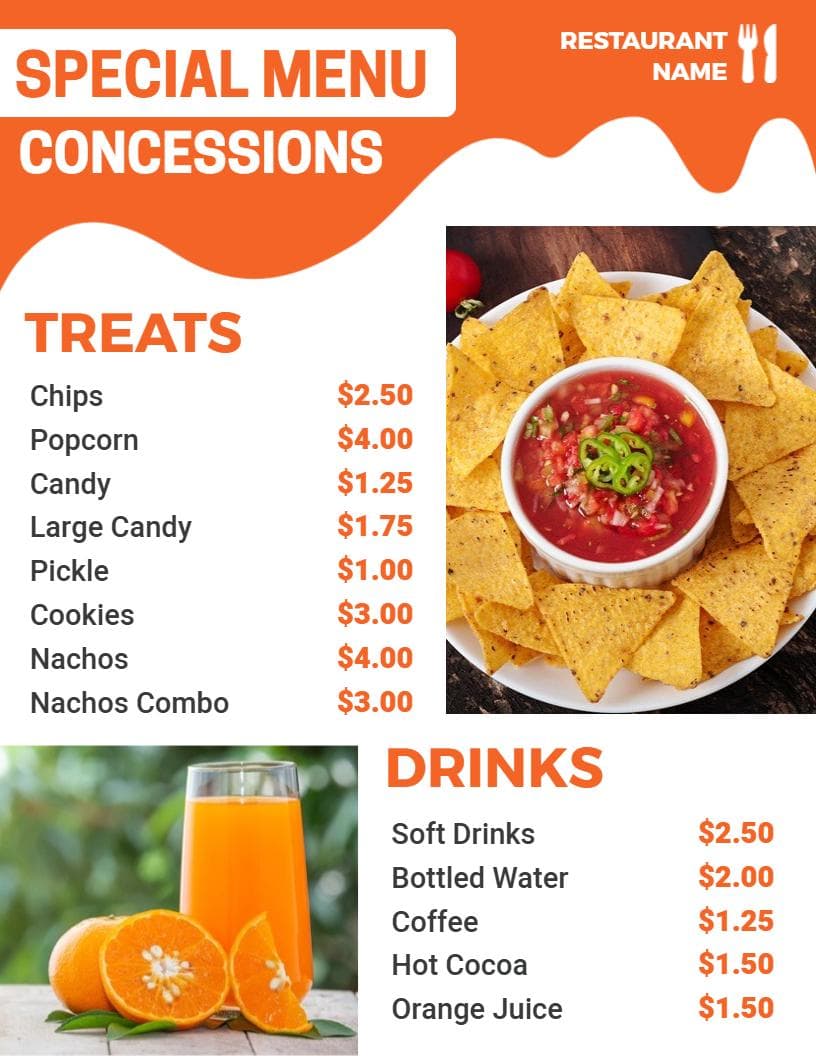 Savory Snacks and Refreshing Drinks for All Events Concession Menu Template