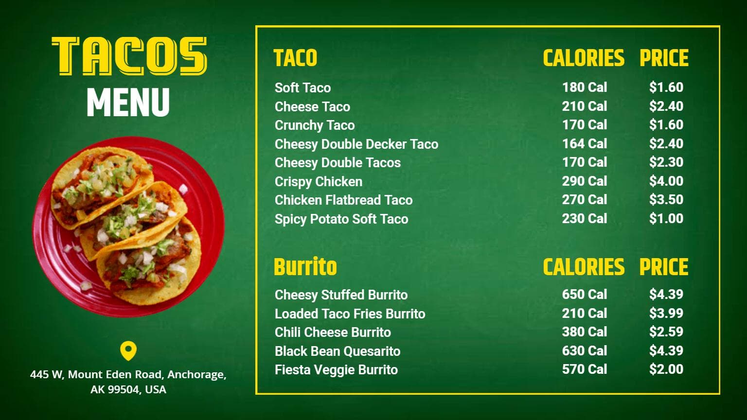 Savory Soft and Crunchy Taco Selections with Sides Tacos Menu Template