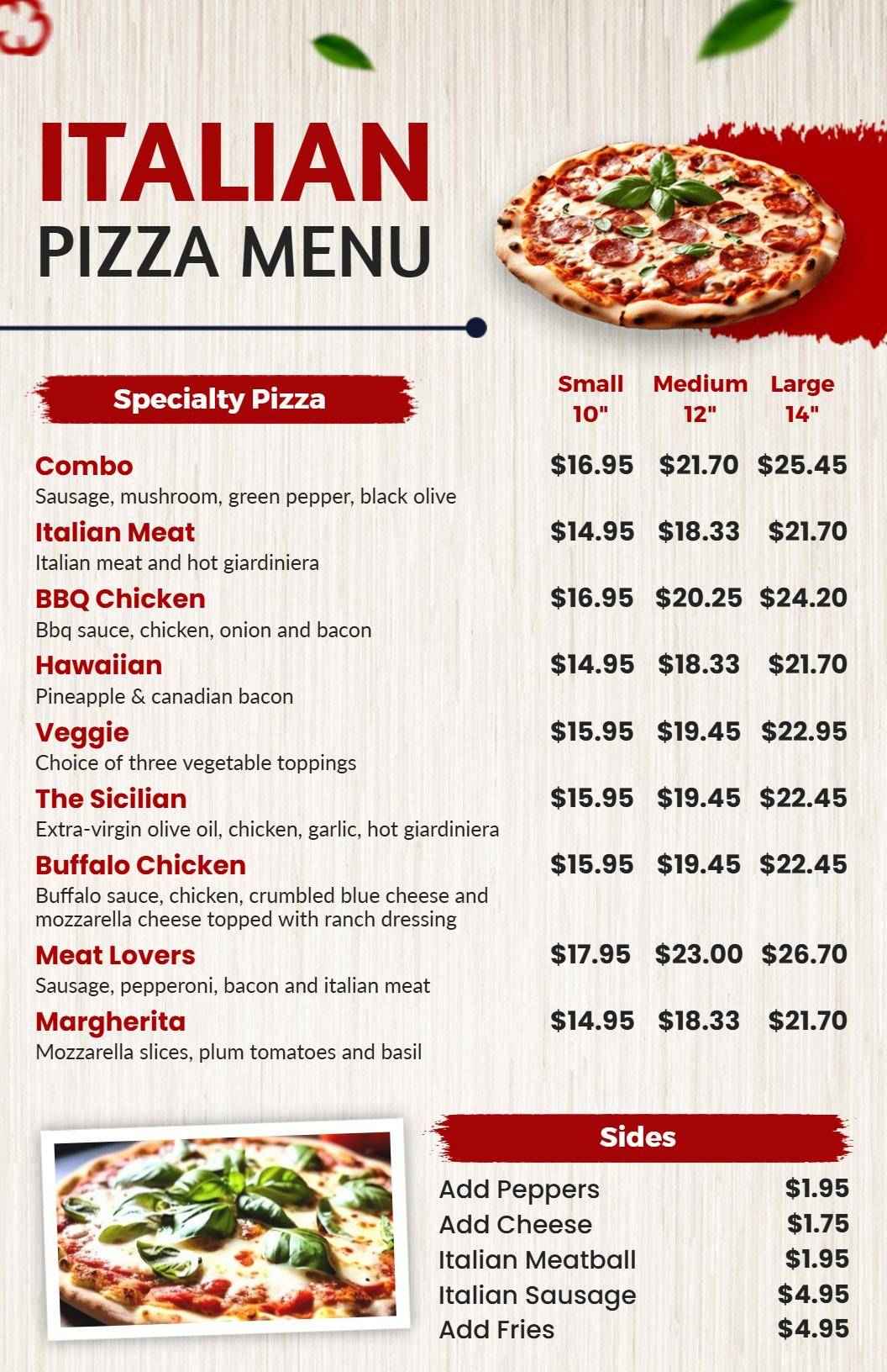 Savory Specialty Pizzas with Fresh Toppings and Sauces Pizza Menu Template