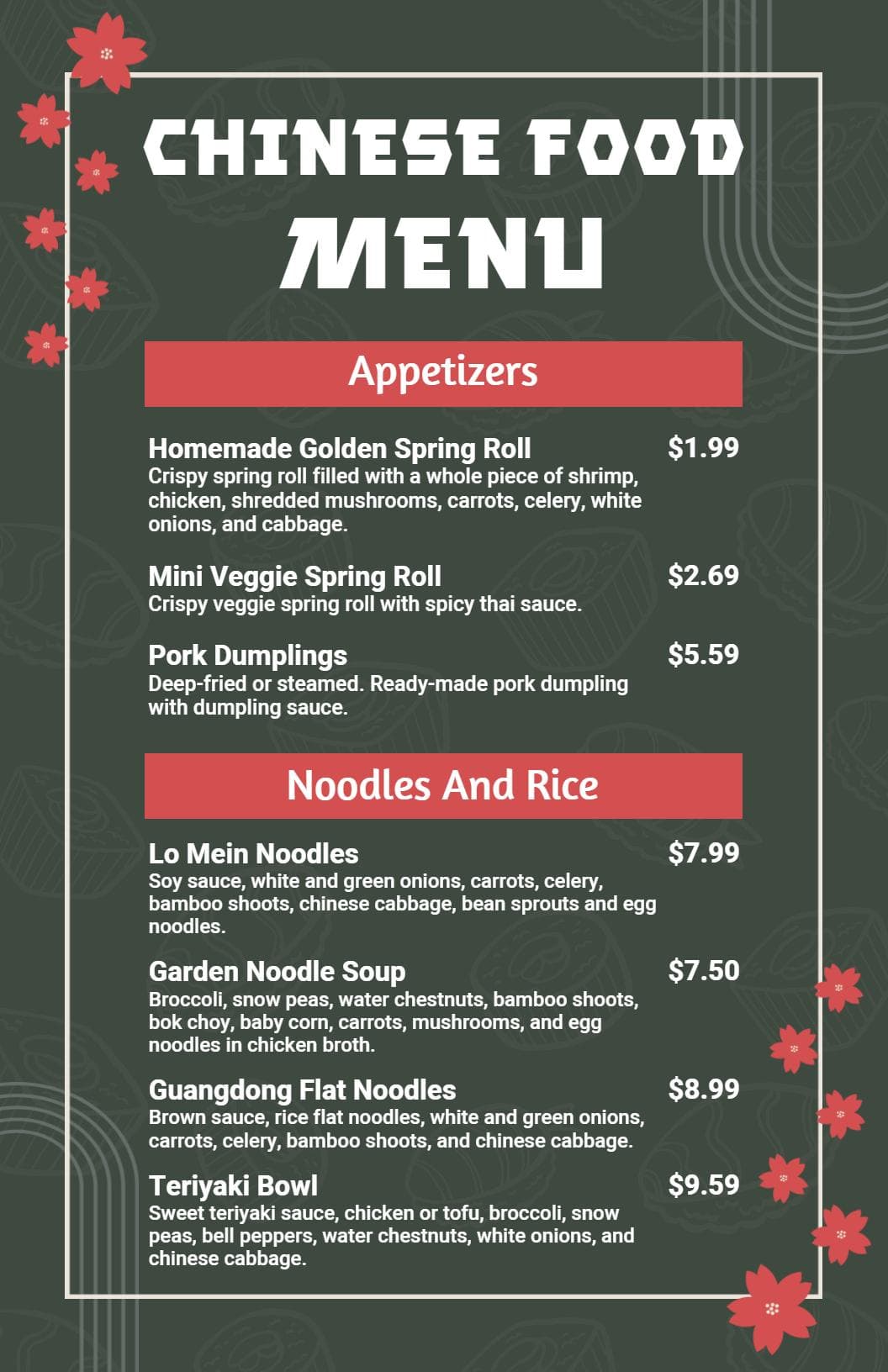 Savory Spring Rolls and Delicious Noodles Selection Chinese Menu Template