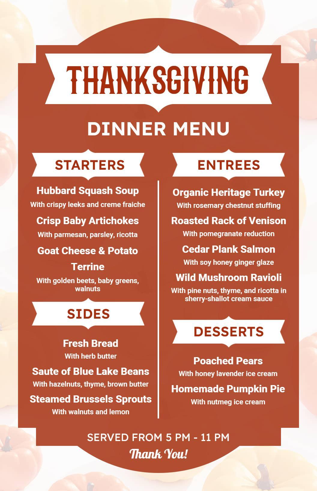 Savory Starters and Rich Entrees Thanksgiving Dinner Menu Template
