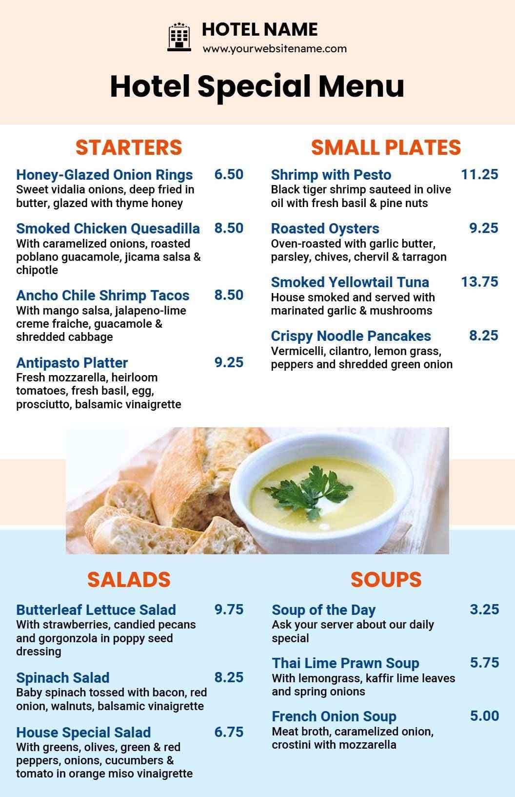 Savory Starters and Tasty Small Plates Hotel Menu Template