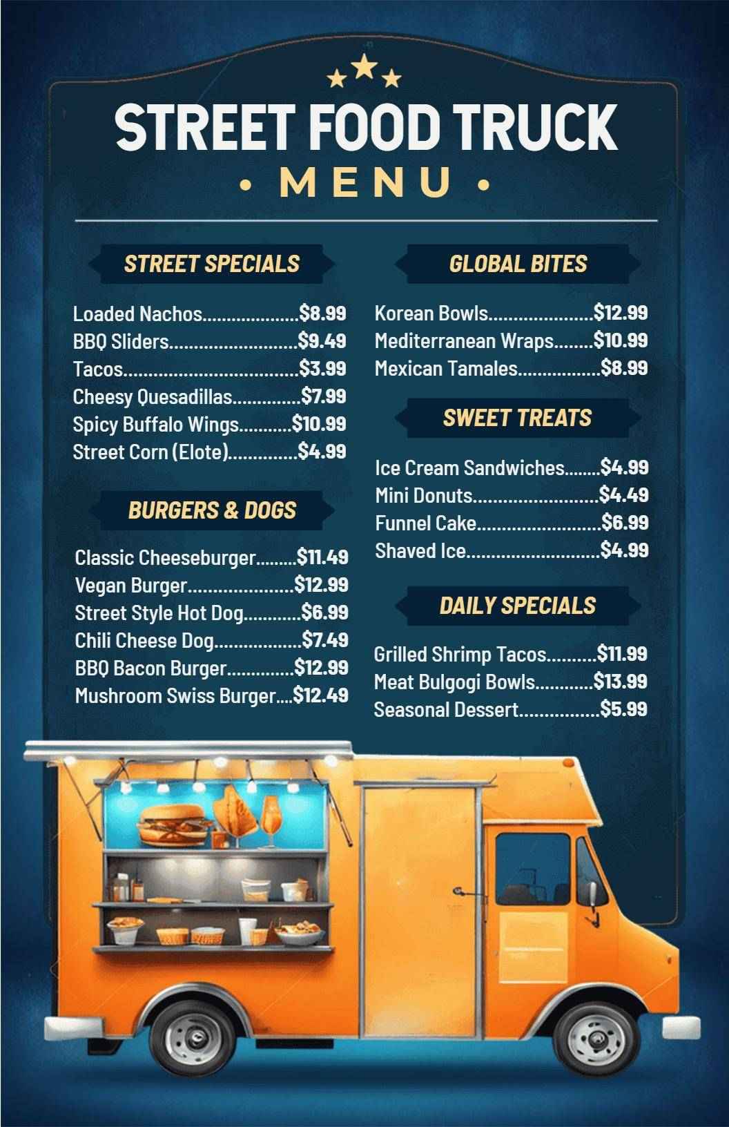 Savory Street Food Specials and Unique Dishes Food Truck Menu Template