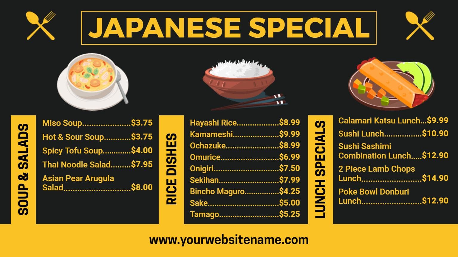 Savory Sushi and Traditional Rice Bowl Selections Japanese Cuisine Menu Template