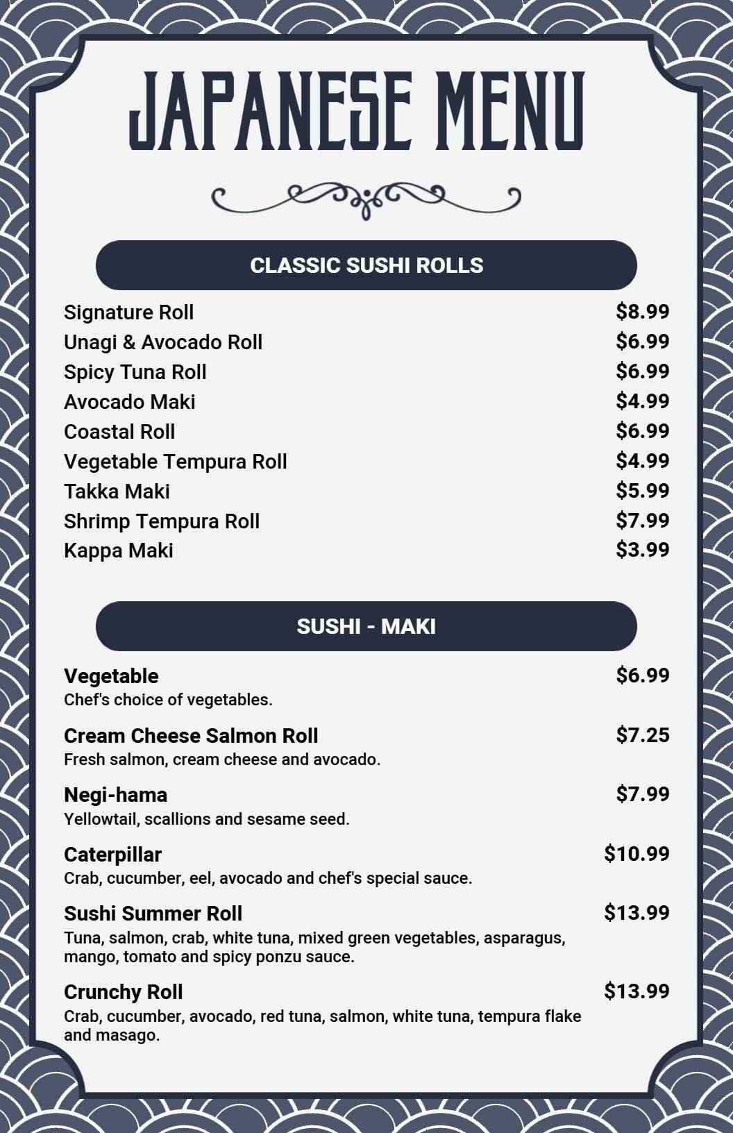 Savory Sushi Rolls and Authentic Japanese Favorites Cuisine Menu Template