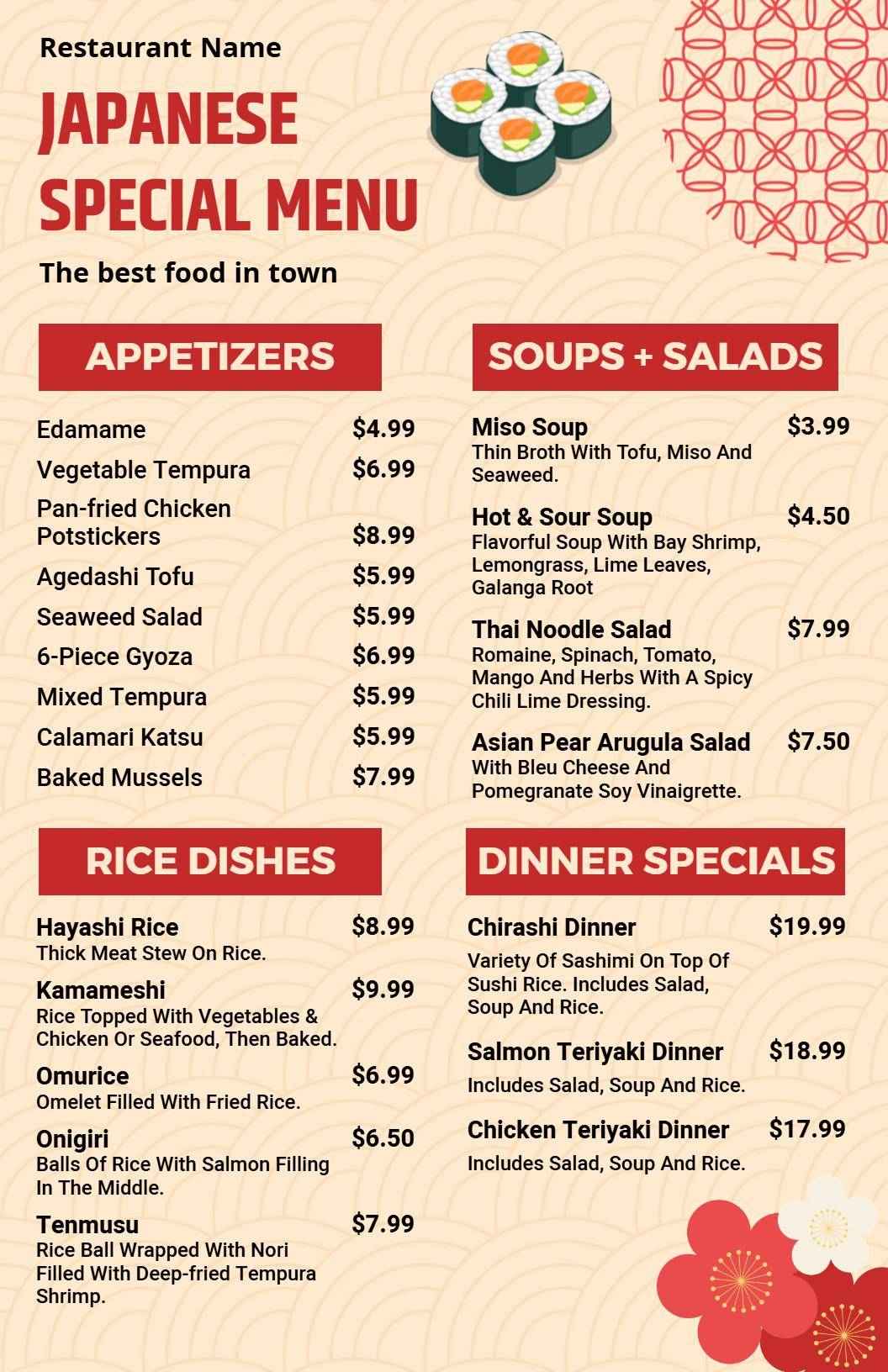Savory Sushi Rolls and Authentic Ramen Dishes Japanese Cuisine Menu Template