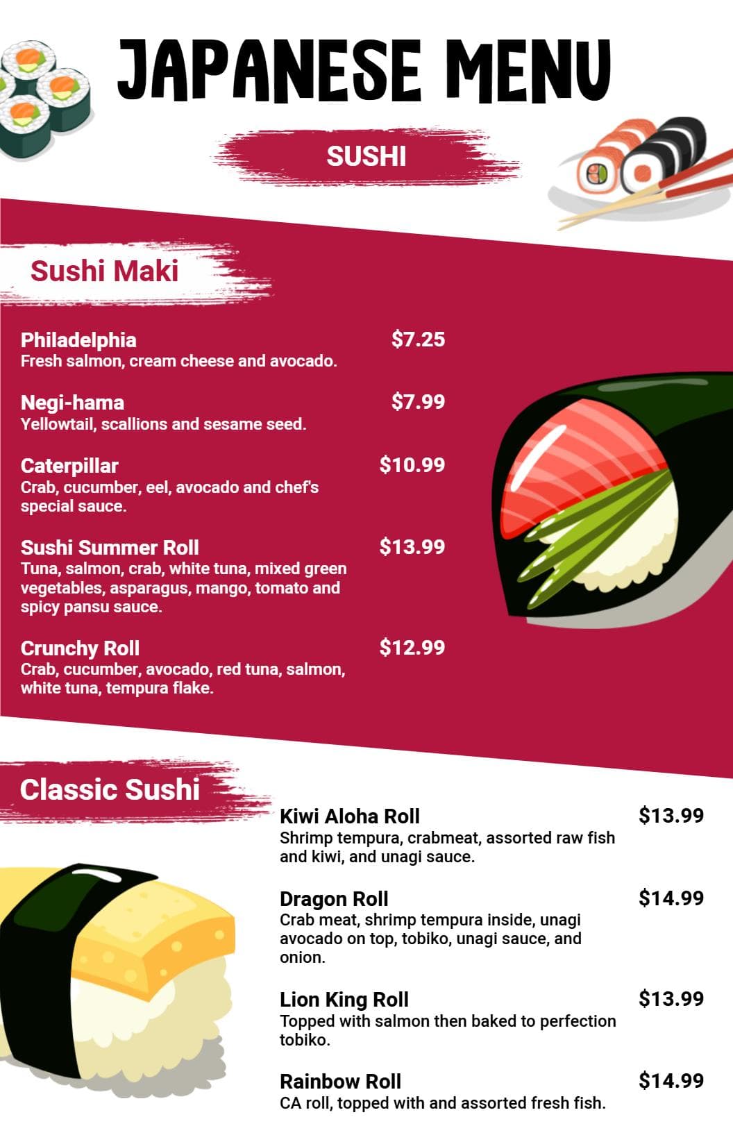 Savory Sushi Rolls and Fresh Maki Selections Japanese Cuisine Menu Template