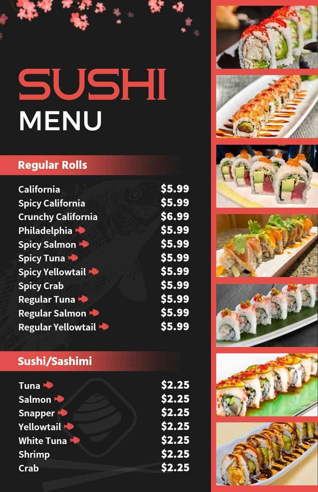 Savory Sushi Rolls and Fresh Sashimi Selections Sushi Menu Template