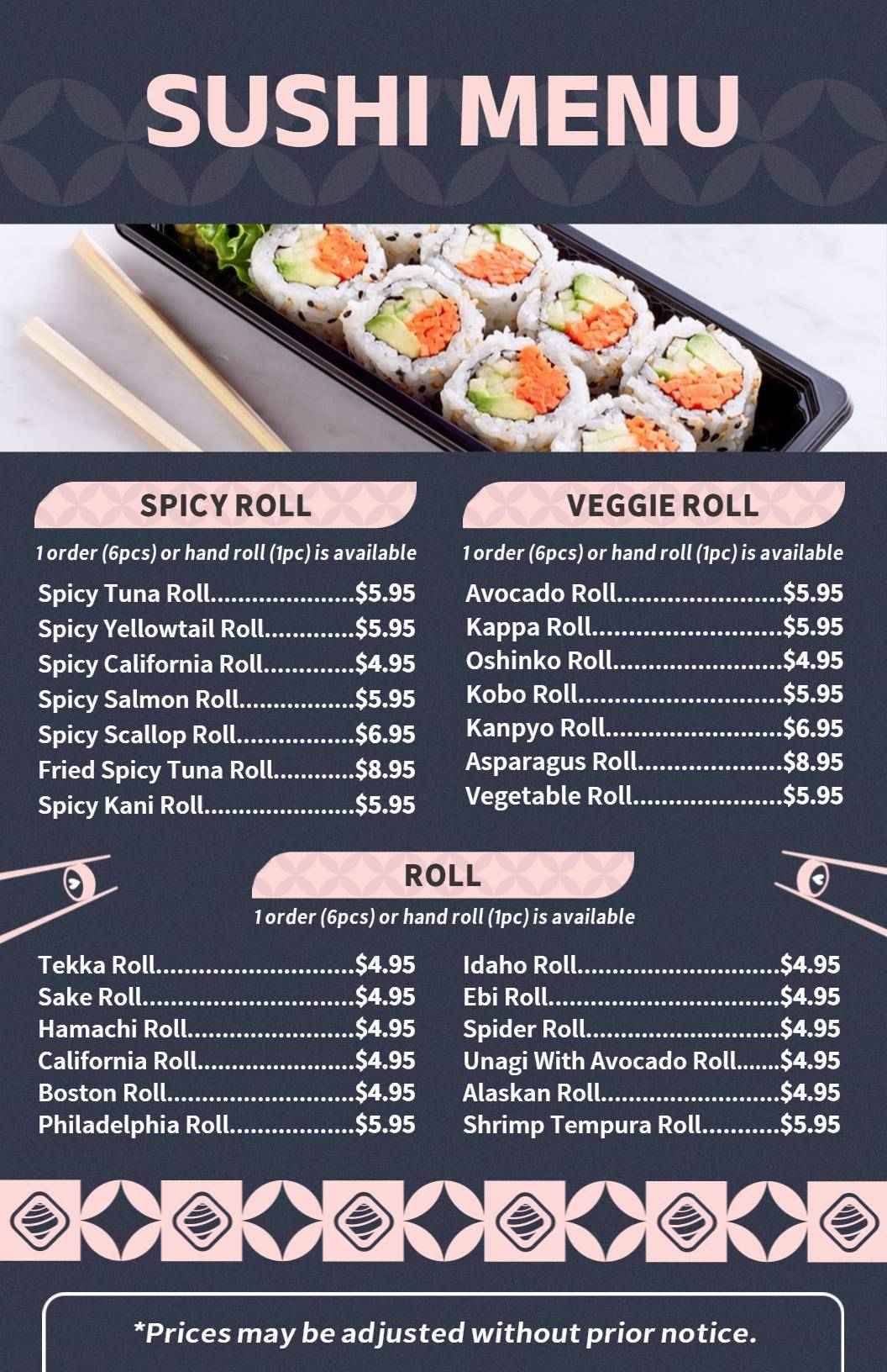 Savory Sushi Rolls Featuring Spicy, Veggie, and Classic Selections Sushi Menu Template
