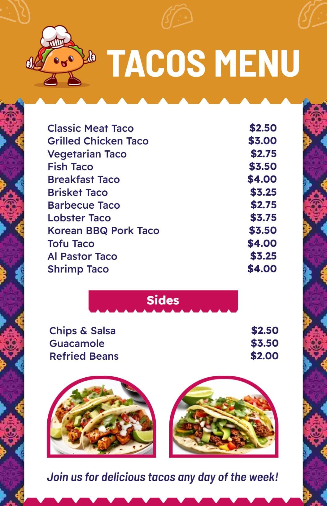 Savory Taco Selections Featuring Unique Flavors and Styles Menu Template