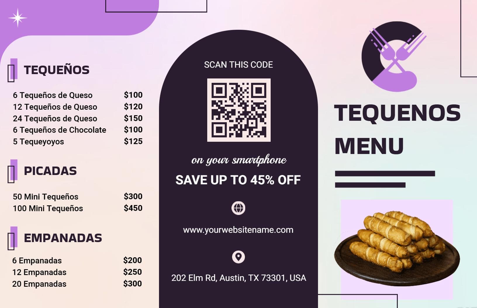 Savory Tequeños and Flavorful Combos Tri Fold Menu Template