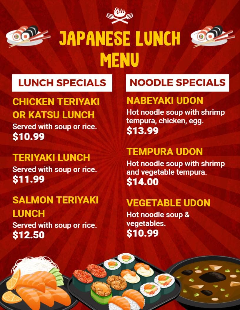 Savory Teriyaki and Udon Noodle Selections Japanese Cuisine Menu Template
