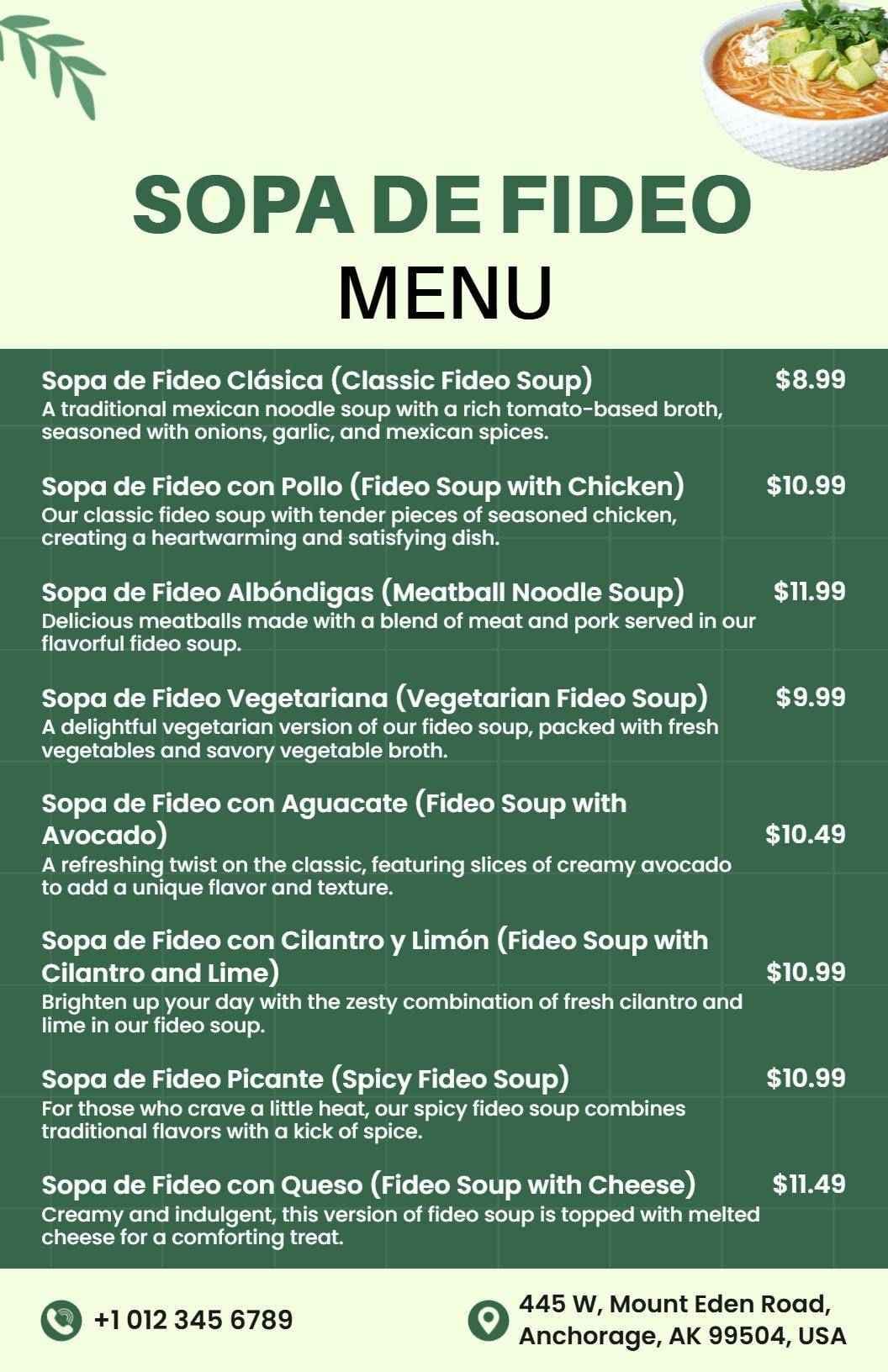 Savory Traditional and Creative Fideo Soup Varieties Menu Template