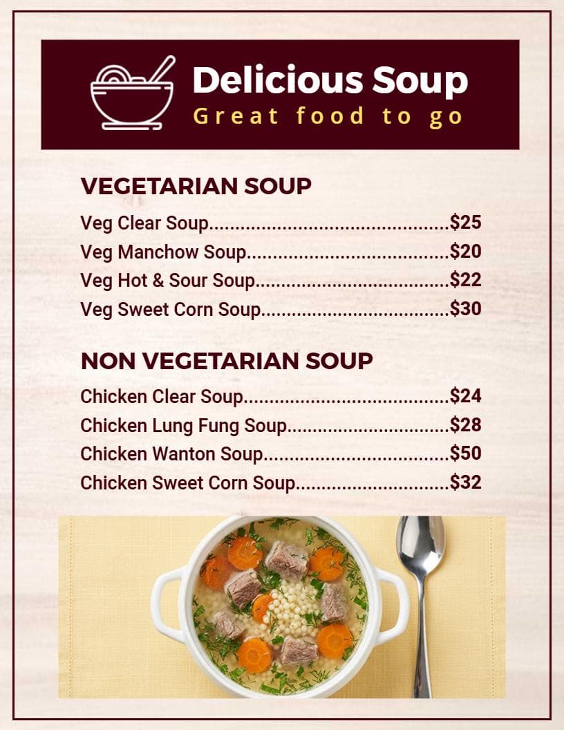Savory Vegetarian and Non-Vegetarian Selections Soup Menu Template