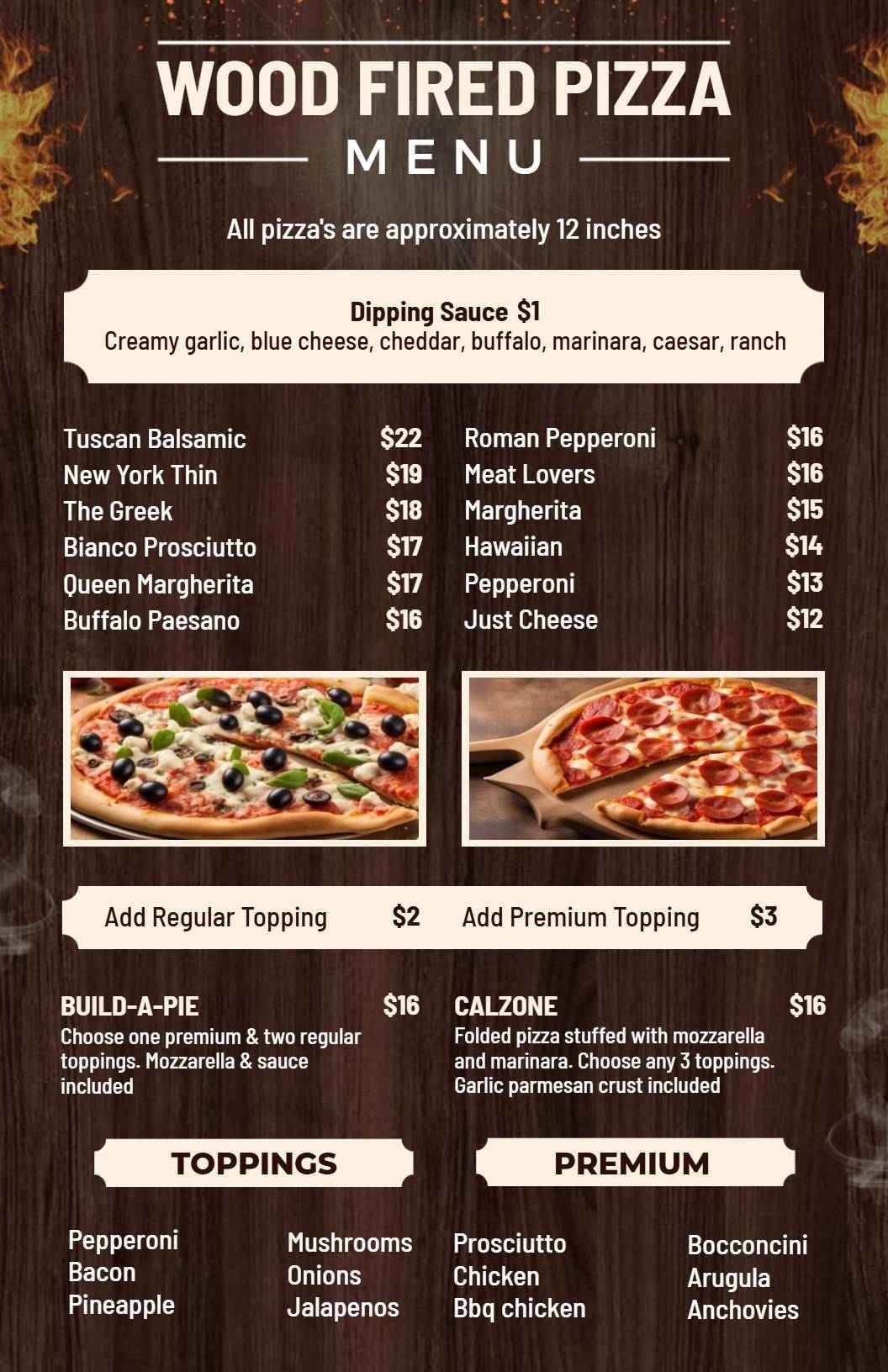 Savory Wood Fired Pizza Varieties with Rich Flavors Pizza Menu Template
