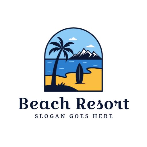 Scenic Beach Landscape with Palm Trees and Mountains Logo Template