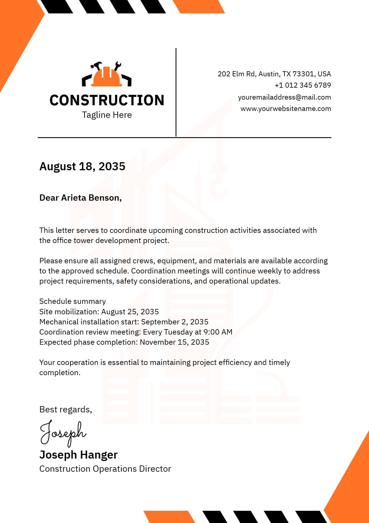 Scheduled Construction Company Activities Communication Letterhead Template