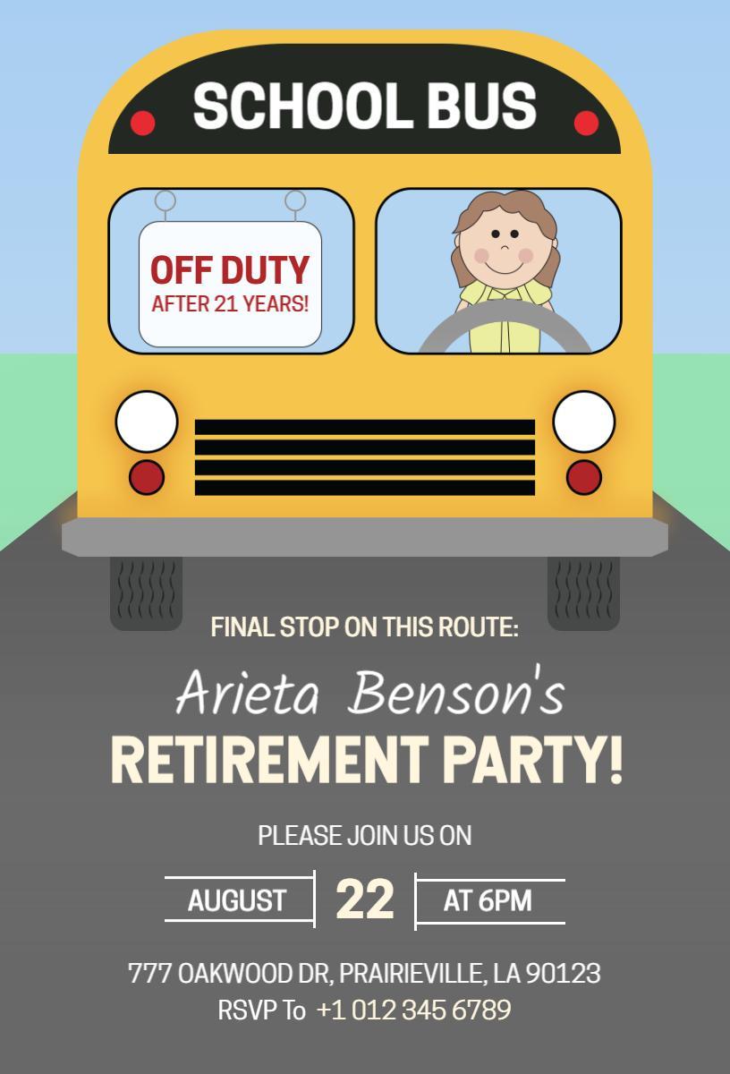 School Bus Theme Fun Retirement Party Celebration Invitation Template