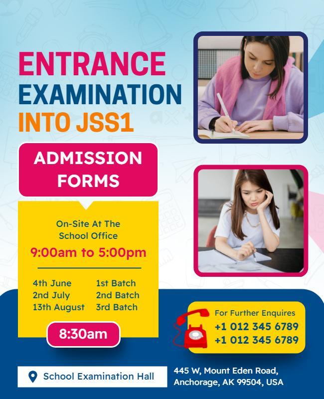 Bright Blue School Admission Entrance Examination Flyer Template