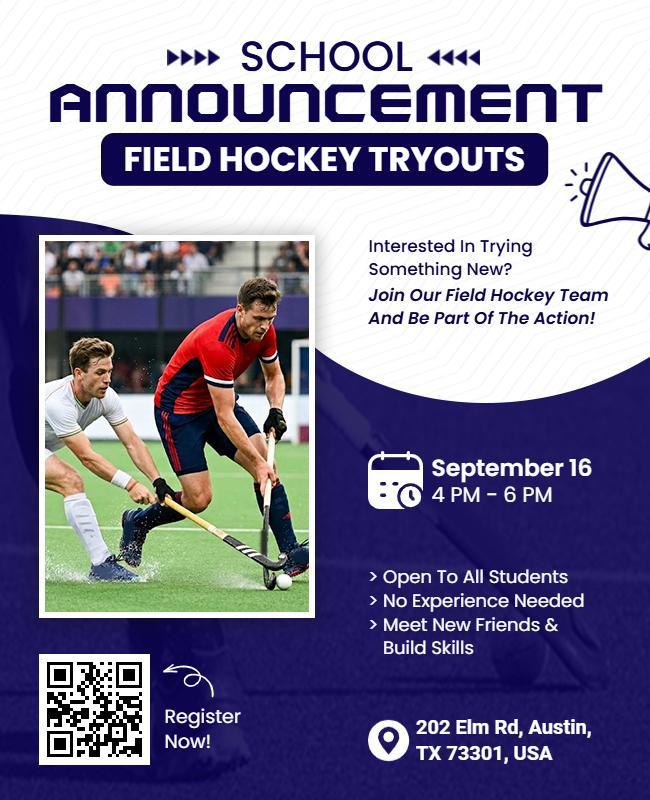 School Field Hockey Tryouts Announcement Flyer Template