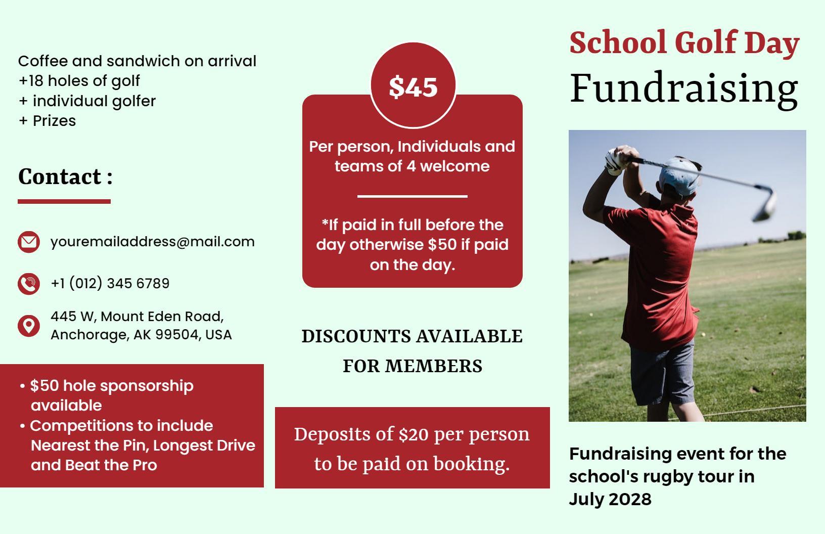 School Golf Day Fundraising Event Prizes and Discounts Brochure Template