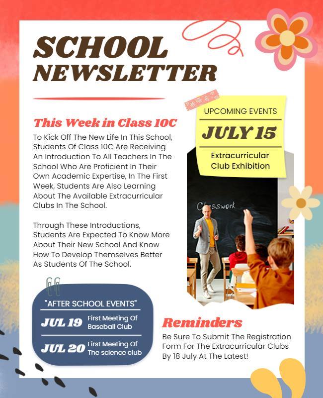 School Newsletter Extracurricular Events Flyer Template