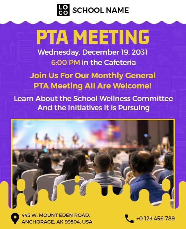 Vibrant Yellow Community PTA Meeting Announcement Flyer Template