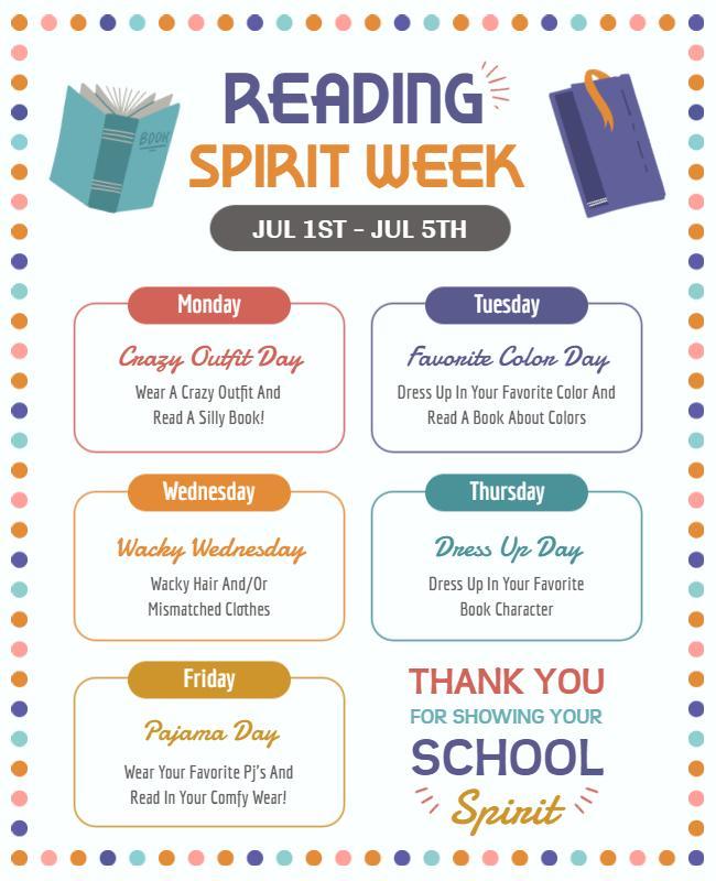 School Reading Spirit Week Event Flyer Template