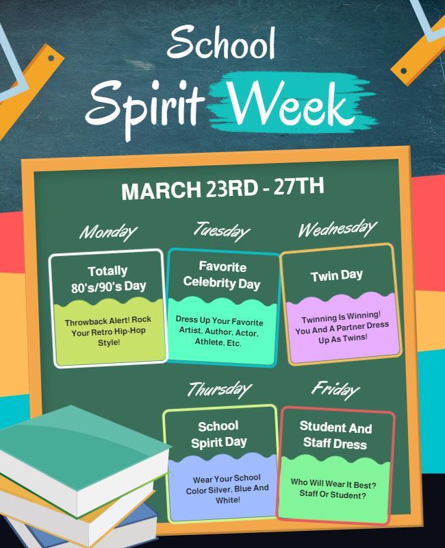 Colorful School Spirit Week Activities Schedule Flyer Template