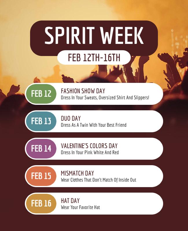 Cheerful Colorful Spirit Week Activities Schedule Flyer Template