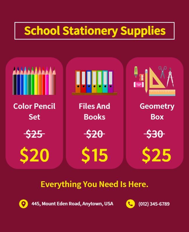 School Stationery Supplies Discount Flyer Template