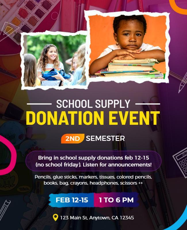 Colorful School Supply Donation Event Flyer Template