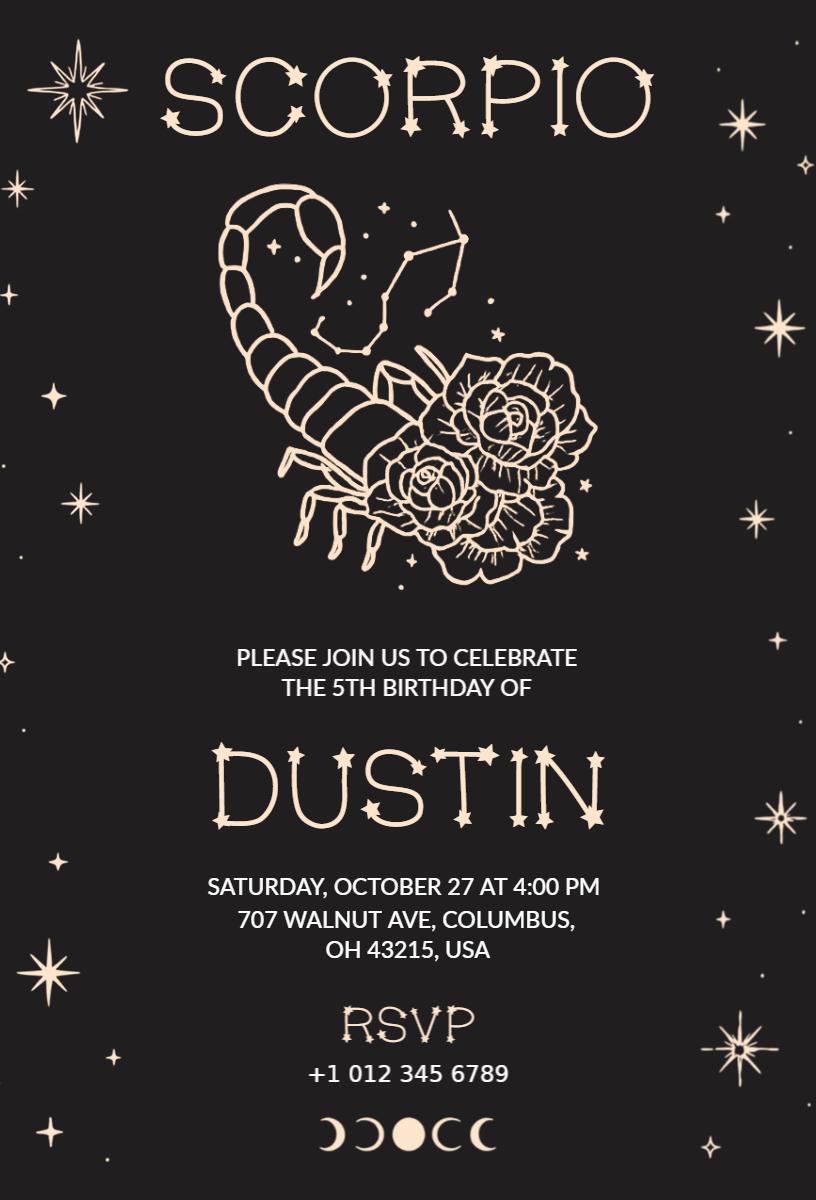 Scorpio Zodiac Theme 5th Birthday Celebration Invitation Template