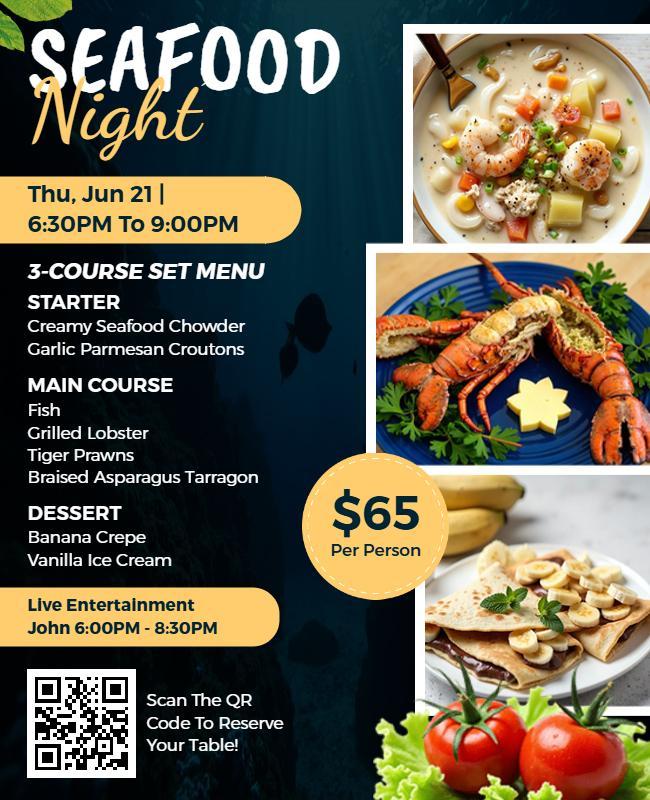 Seafood Cuisine Night with Live Entertainment Flyer Template