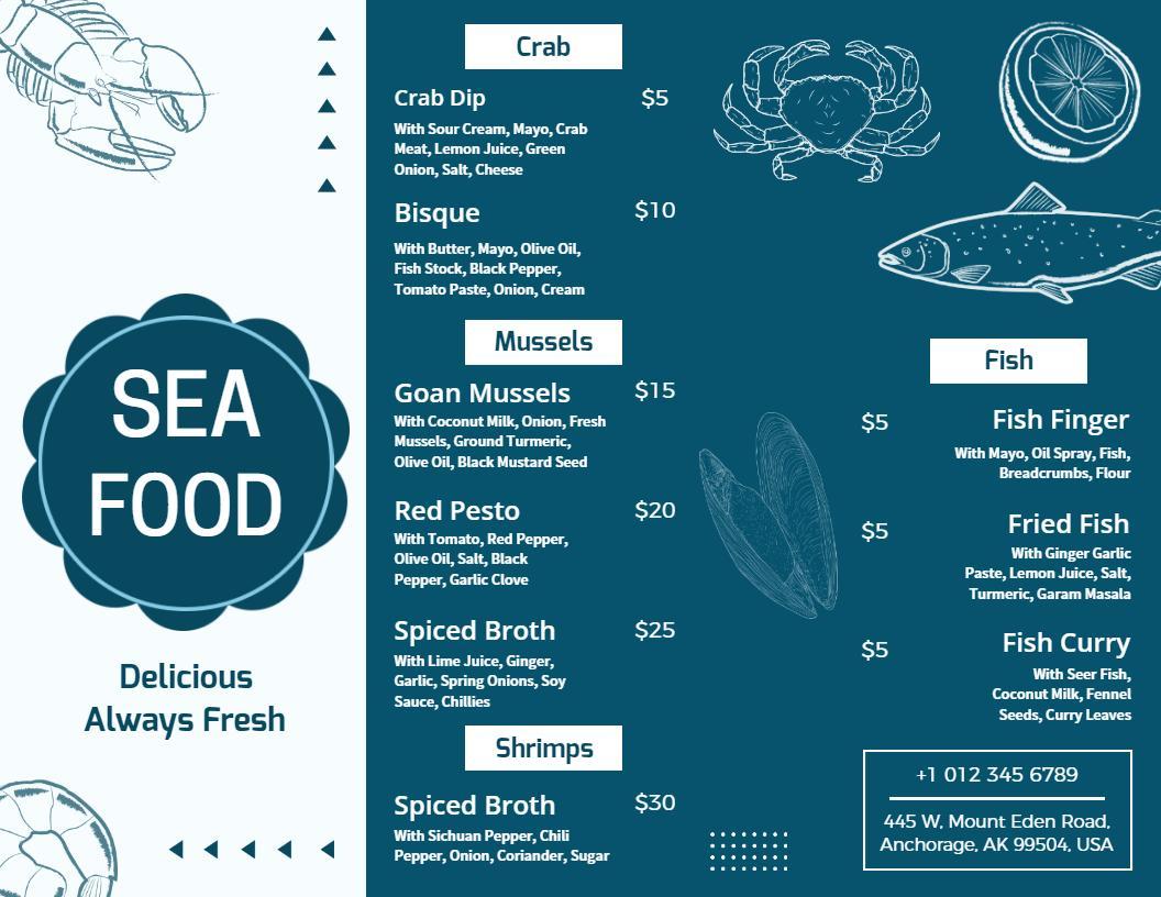 Seafood Delights Menu with Fresh Crab and Shrimp Brochure Template