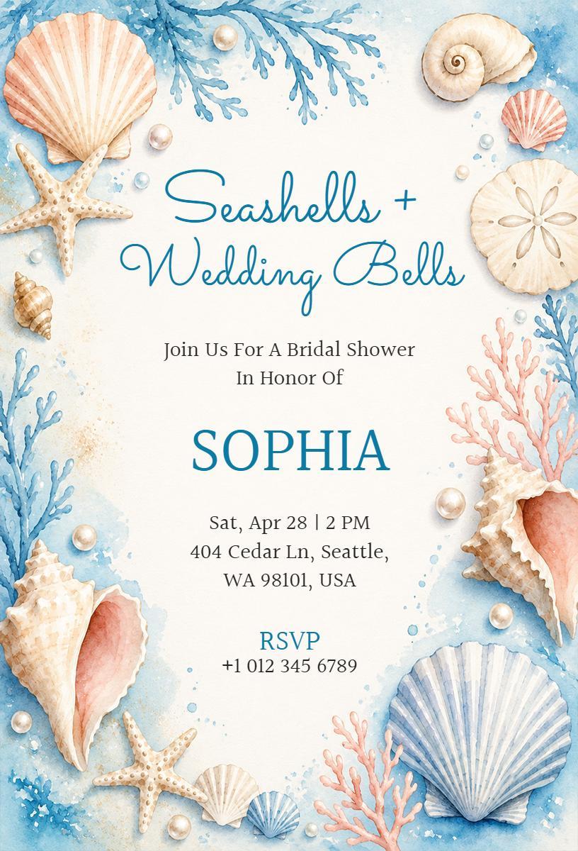 Seashells Beach Themed Elegant Bridal Shower Invitation Template