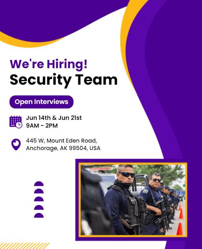 Modern Purple and Yellow Hiring Security Team Flyer Template