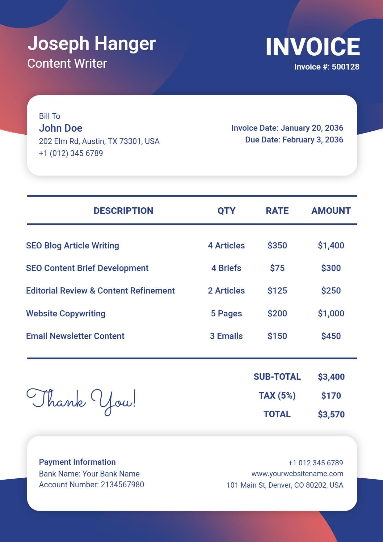 SEO Content Writer Service Charge Freelance Invoice Template