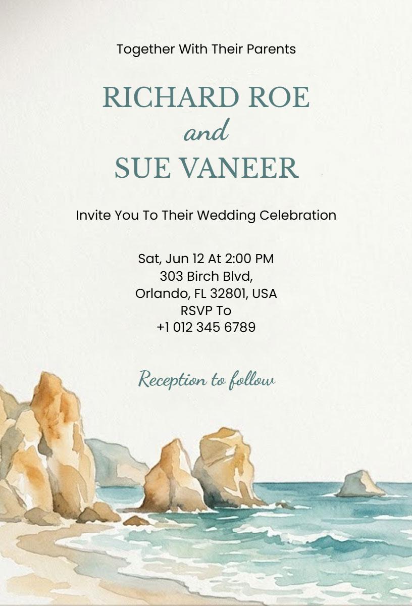 Serene Coastal Bliss Beach Wedding Celebration Invitation Template