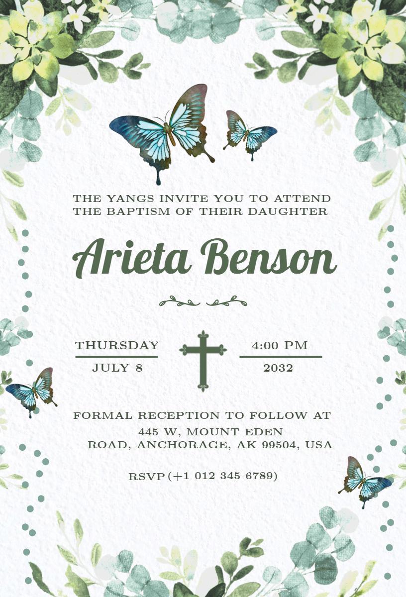 Serene Floral Butterfly Baptism Celebration Invitation Template