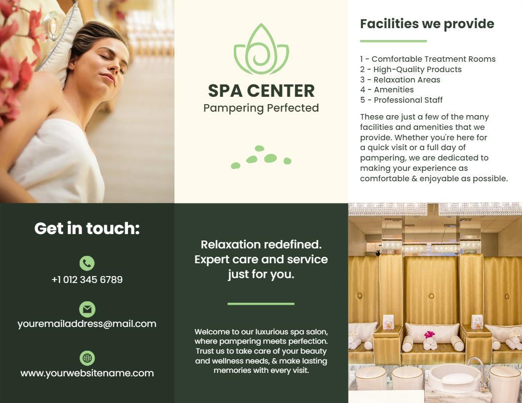Serene Green Spa Center Relaxation and Pampering Brochure Template