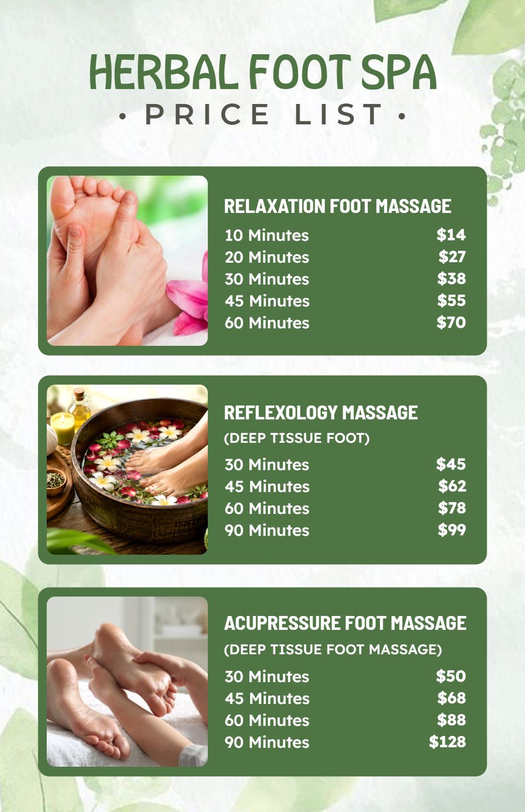 Serene Leafy Herbal Foot Spa Price List Menu Template