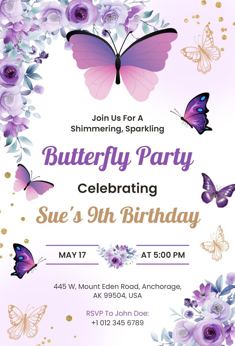 Shimmering Butterfly Theme 9th Birthday Celebration Invitation Template
