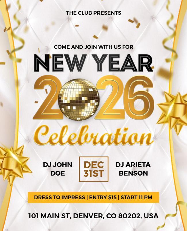 Shimmering Gold New Year Disco Ball Celebration Flyer Template