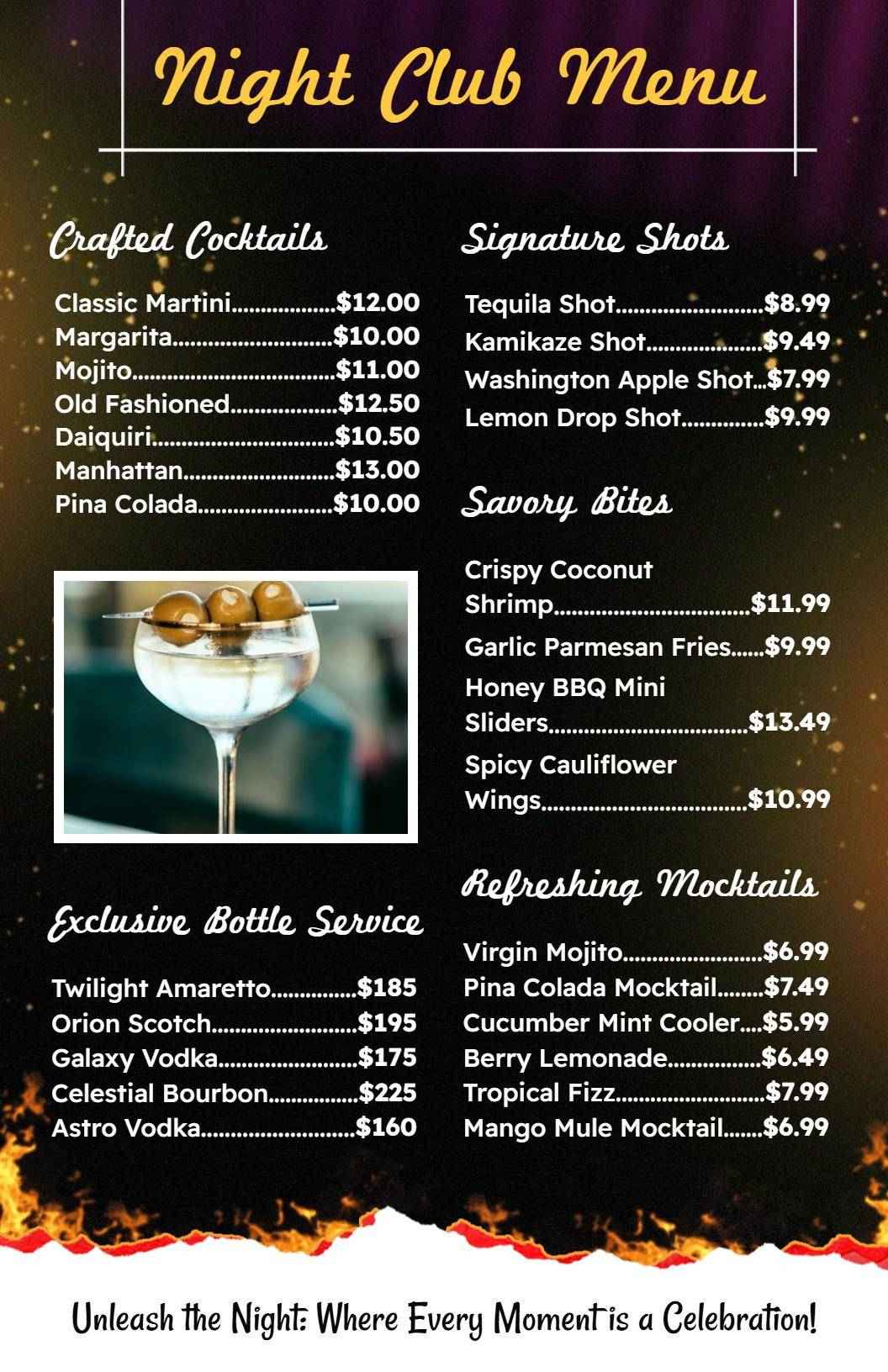 Signature Cocktails and Shots with Tasty Bites Bar Menu Template