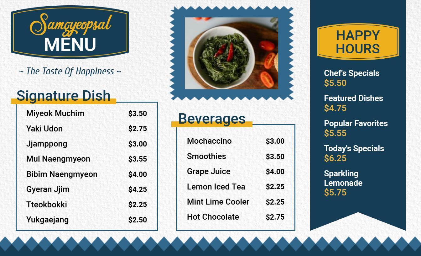 Signature Korean Dishes and Refreshing Beverage Options Samgyeopsal Menu Template